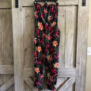 Express Strapless Jumpsuit Tropical Palm Floral hibiscus